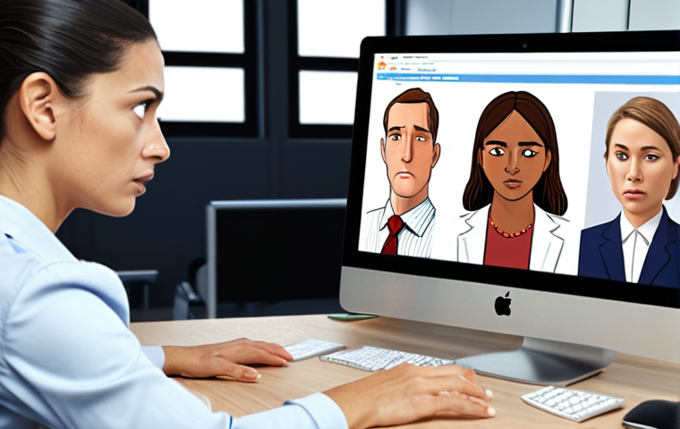 **Prompt:** An algorithm sorting resumes, subtly favoring male candidates over female candidates. The scene is brightly lit, modern office. Focus on the screen and the frustration on the face of a female applicant in the background. Style: Illustration, emphasizing gender bias. Keywords: AI bias, discrimination, recruitment.