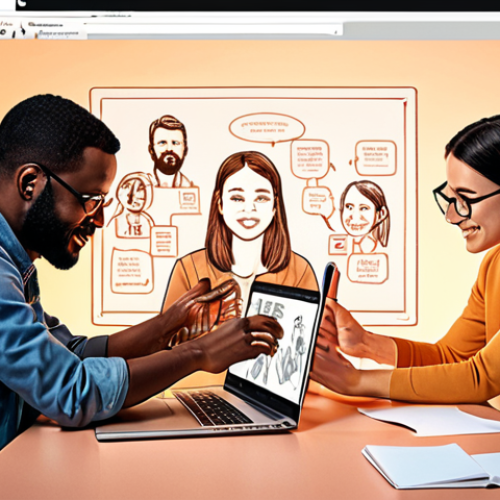**Empathetic Tech Design:** A diverse group of people collaborating on a tech product design, emphasizing user-friendliness and emotional connection. Soft lighting, warm colors, and sketches/prototypes visible.