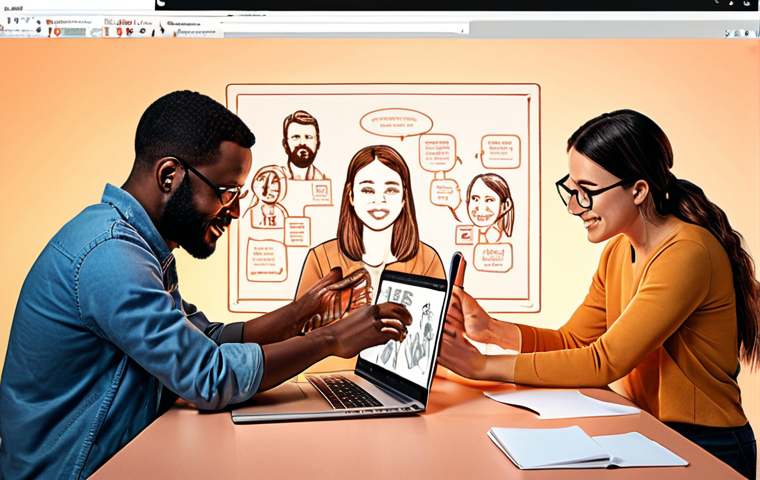 **Empathetic Tech Design:** A diverse group of people collaborating on a tech product design, emphasizing user-friendliness and emotional connection. Soft lighting, warm colors, and sketches/prototypes visible.
