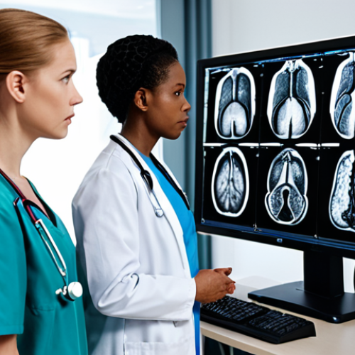AI Healthcare Responsibility**

A group of diverse healthcare professionals (doctor, nurse, IT specialist) looking with concern at a medical scan displaying an AI diagnosis. In the foreground, a blurred figure of a patient. The scene should evoke uncertainty and highlight the question of responsibility in case of AI diagnostic errors. Setting: Modern, clean Dutch hospital environment.

**