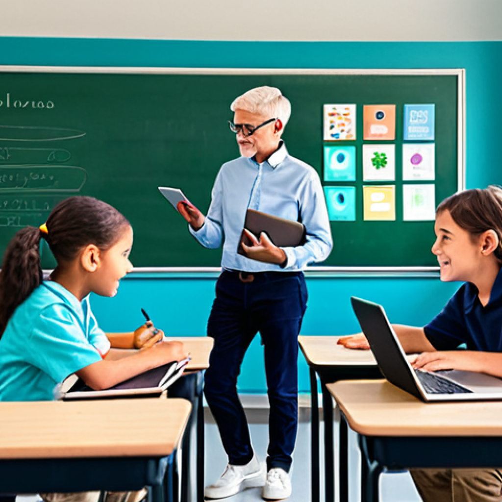 AI-Powered Personalized Education**
"A bright, modern classroom scene, featuring diverse students of various ages engaged with tablets and laptops. A friendly teacher assists a student using AI-powered learning software. The classroom is filled with colorful educational posters and plants. The atmosphere is positive and encouraging. Fully clothed students in appropriate attire, perfect anatomy, correct proportions, well-lit, safe for work, appropriate content, professional, modest, family-friendly."
**
