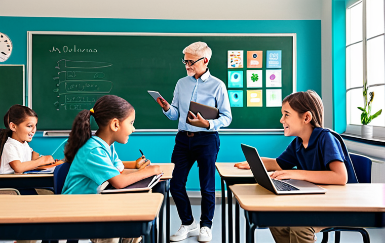 AI-Powered Personalized Education**
"A bright, modern classroom scene, featuring diverse students of various ages engaged with tablets and laptops. A friendly teacher assists a student using AI-powered learning software. The classroom is filled with colorful educational posters and plants. The atmosphere is positive and encouraging. Fully clothed students in appropriate attire, perfect anatomy, correct proportions, well-lit, safe for work, appropriate content, professional, modest, family-friendly."
**
