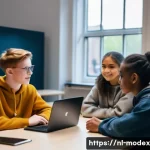 Home 21 윤리적 인공지능 개발을 위한 글로벌 기준 - A diverse group of young teenagers aged 12-15 sitting in a modern classroom in the Netherlands, enga...