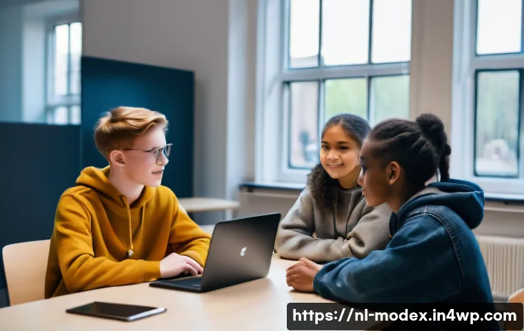 윤리적 인공지능 개발을 위한 글로벌 기준 - A diverse group of young teenagers aged 12-15 sitting in a modern classroom in the Netherlands, enga...