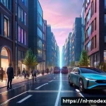 Home 18 AI의 윤리적 결정 과정 - A futuristic European city street scene at dusk, featuring an autonomous vehicle navigating a comple...