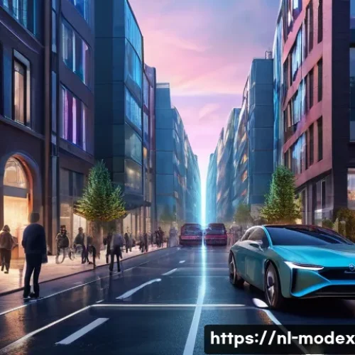 Home 30 AI의 윤리적 결정 과정 - A futuristic European city street scene at dusk, featuring an autonomous vehicle navigating a comple...
