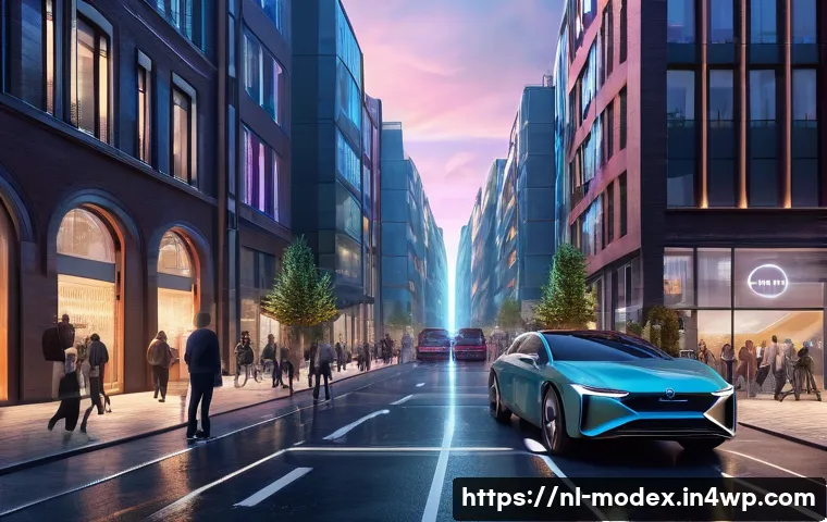 AI의 윤리적 결정 과정 - A futuristic European city street scene at dusk, featuring an autonomous vehicle navigating a comple...