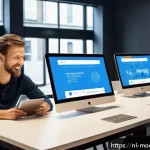 Home 23 윤리적 기술 디자인 사용자 중심 접근 - A modern digital workspace scene showing a diverse group of Dutch users interacting with a sleek, us...