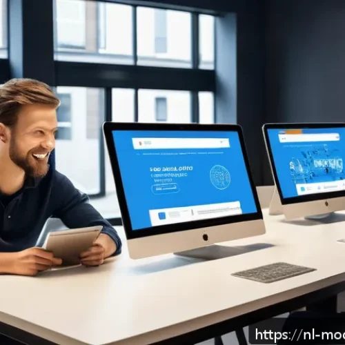 Home 17 윤리적 기술 디자인 사용자 중심 접근 - A modern digital workspace scene showing a diverse group of Dutch users interacting with a sleek, us...
