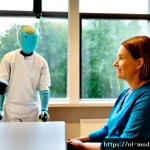 Home 23 인간 기술 공존의 사례 연구 성공적인 모델 분석 - Photorealistic documentary scene in a Dutch rehabilitation clinic, a middle-aged patient wearing cas...