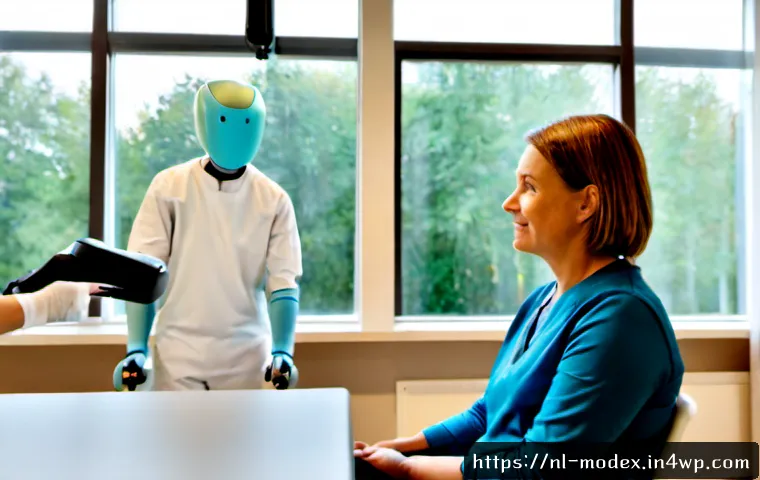 인간 기술 공존의 사례 연구 성공적인 모델 분석 - Photorealistic documentary scene in a Dutch rehabilitation clinic, a middle-aged patient wearing cas...