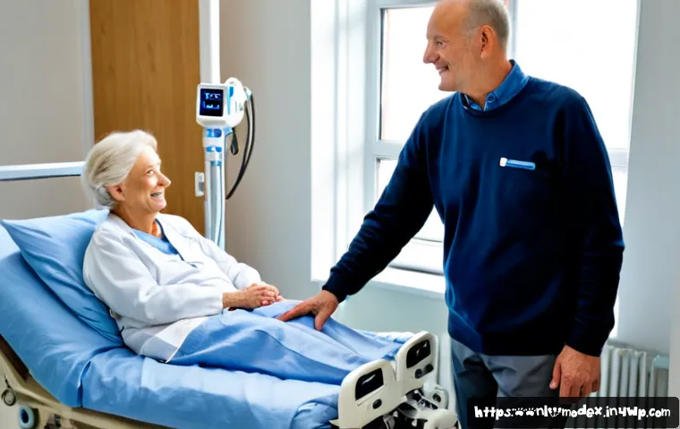 Home 17 인간 기술 공존의 성공 사례 분석 - Photorealistic Dutch hospital rehabilitation room, an older Dutch patient in casual fully clothed at...