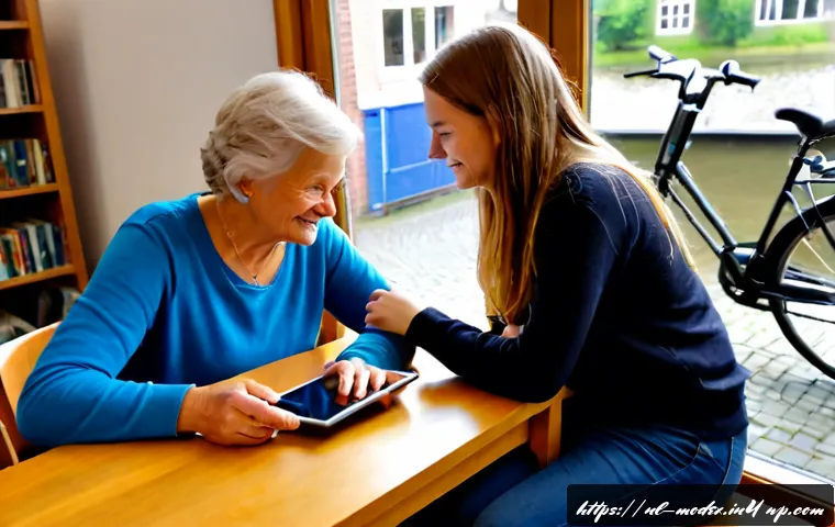 Home 17 인간 기술 공존의 문화적 관점 - Photorealistic scene in a bright Dutch community library, an older Dutch woman and a teenage student...