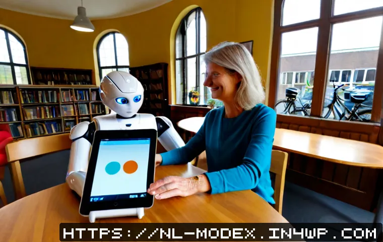 Home 17 인간 기술 공존의 다양한 모델 - Photorealistic wide-angle scene in a bright Dutch community library, an older Dutch woman and a youn...